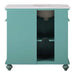 Teal storage cabinet with white top, two-door design and decorative turned feet, featuring interior shelving.