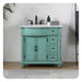 Vintage-style turquoise bathroom vanity with white marble top, black faucet, and decorative carved details