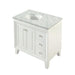 White bathroom vanity with marble countertop, undermount sink, two cabinet doors, and three drawers on angled legs.