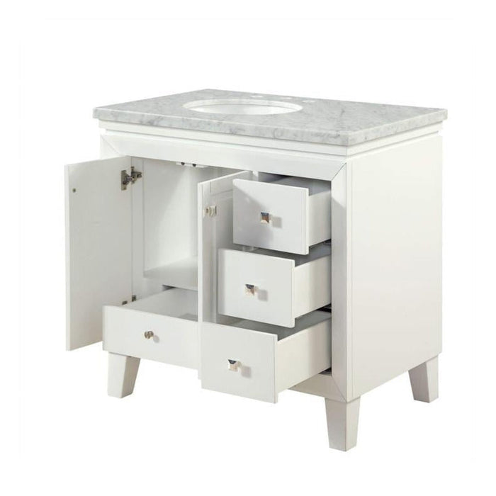 White bathroom vanity with marble top, one cabinet door open and three drawers partially extended, showing storage space.
