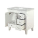 White bathroom vanity with marble top, one cabinet door open and three drawers partially extended, showing storage space.