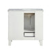White bathroom vanity with marble top, open door revealing interior shelf and storage space.