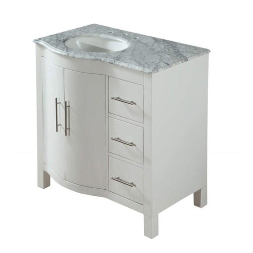 White bathroom vanity with marble countertop, two doors, and three drawers with silver hardware