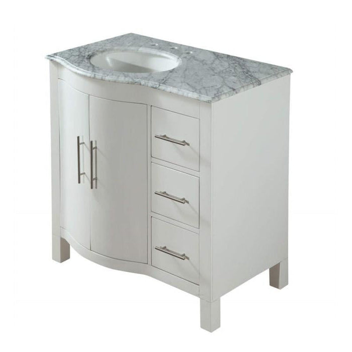 White bathroom vanity with marble countertop, two doors, and three drawers with silver hardware