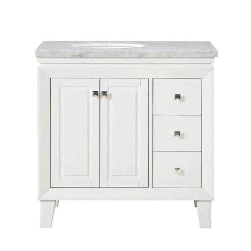 White bathroom vanity with marble countertop, two cabinet doors, and three side drawers with silver hardware.