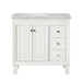 White bathroom vanity with marble countertop, two cabinet doors, and three side drawers with silver hardware.