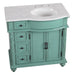 Vintage-style teal bathroom vanity with white marble top, three drawers, and double cabinet doors with ornate details.