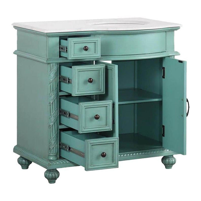 Turquoise vintage-style storage cabinet with four open drawers and a side cabinet, featuring ornate details and round bun feet.