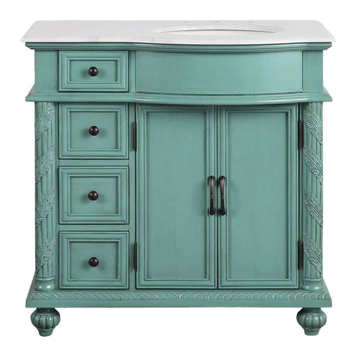 Vintage-style teal bathroom vanity with four drawers, double cabinet doors, decorative columns, and white marble top.