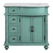 Vintage-style teal bathroom vanity with four drawers, double cabinet doors, decorative columns, and white marble top.