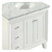 White bathroom vanity with marble countertop, featuring side drawers, cabinet doors, and an oval undermount sink.