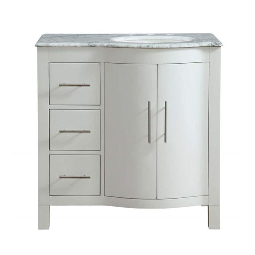 White bathroom vanity with marble top, three drawers on left and double cabinet doors on right, modern metal handles