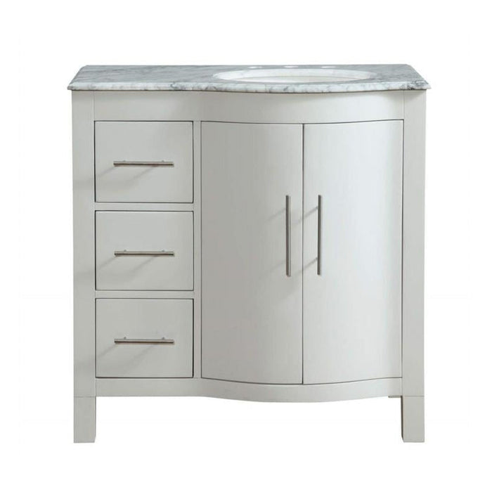 White bathroom vanity with marble top, three drawers on left and double cabinet doors on right, modern metal handles