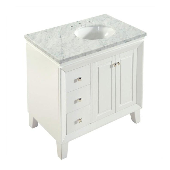 White bathroom vanity with marble countertop, three drawers on left side and double cabinet doors on right side, featuring silver hardware and an oval undermount sink.