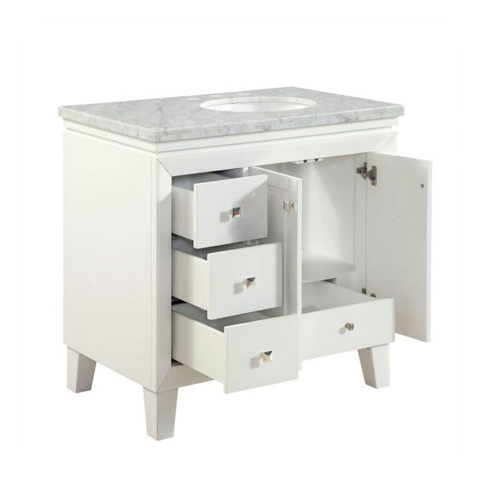 White bathroom vanity with marble top, three drawers open, and cabinet door ajar, showing storage space.