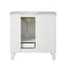 White bathroom vanity with marble top, open cabinet door revealing interior storage space and a small drawer.