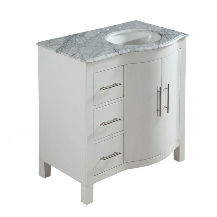 White bathroom vanity with marble top, three drawers, and double cabinet doors with silver hardware.