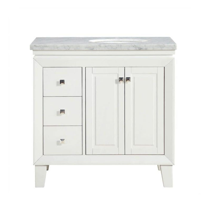 White bathroom vanity with marble top, two-door cabinet, and three drawers with silver hardware