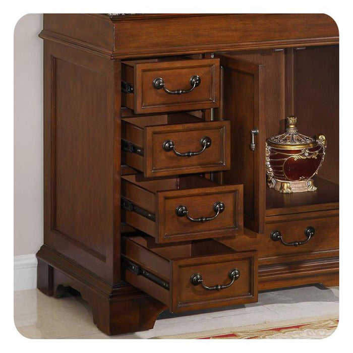 Vintage wooden nightstand with four open drawers, dark wood finish, ornate metal handles, decorative ceramic jar on side.
