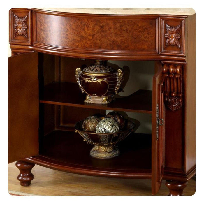 Ornate wooden console with carved details, displaying two decorative urns on dark shelves, rich mahogany finish with elaborate side panels.
