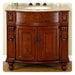 Elegant wooden bathroom vanity with curved doors, ornate carved details, and a marble top with oval sink.
