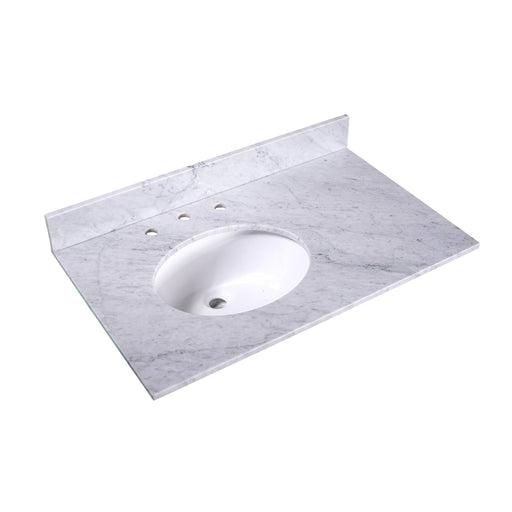 White marble bathroom vanity top with oval undermount sink and three pre-drilled faucet holes.