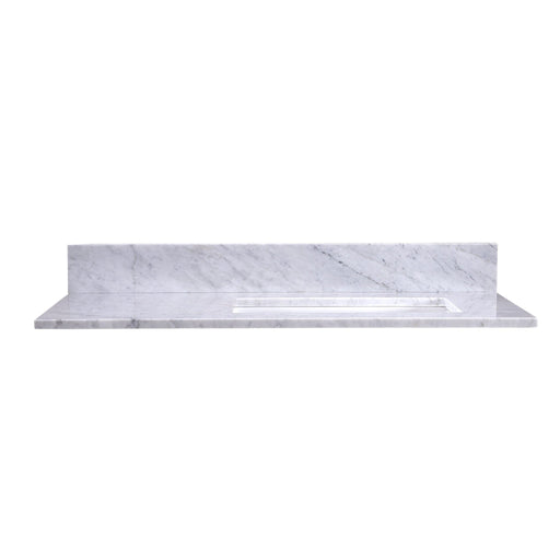 White marble countertop with rectangular undermount sink, showing natural gray vein patterns and smooth surface.