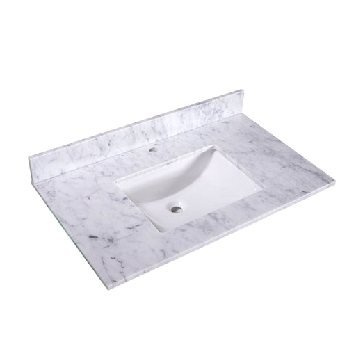 White rectangular bathroom sink set in marble vanity countertop with subtle gray veining and integrated backsplash.