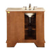 Wooden bathroom vanity with marble top, undermount sink, and brushed nickel faucet; open shelving inside brown cabinet.