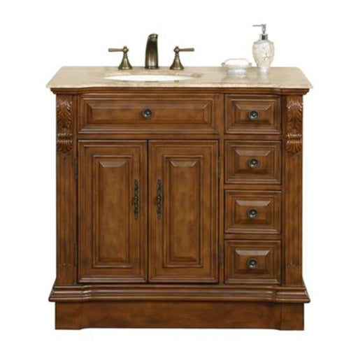 Wooden bathroom vanity with travertine top, two cabinet doors, four drawers, and bronze faucet fixtures.
