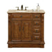 Wooden bathroom vanity with travertine top, two cabinet doors, four drawers, and bronze faucet fixtures.