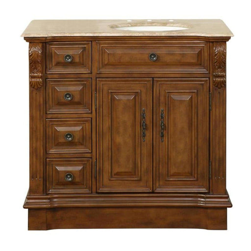 Wooden bathroom vanity with four drawers, two cabinet doors, and a beige marble top with integrated oval sink.
