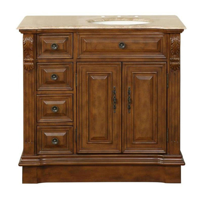 Wooden bathroom vanity with four drawers, two cabinet doors, and a beige marble top with integrated oval sink.
