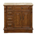 Wooden bathroom vanity with four drawers, two cabinet doors, and a beige marble top with integrated oval sink.