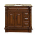 Rich wood bathroom vanity with marble top, ornate carved details, two cabinet doors, and three drawers on right side