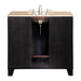 Dark wood bathroom vanity with travertine countertop and undermount sink, chrome faucet, storage cabinet below.