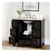 Black bathroom vanity with six drawers, marble top, undermount sink, and white flowers in a vase above.