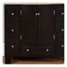 Dark wooden bathroom vanity with central double doors, bottom drawer, and six side drawers with round silver knobs, sitting on wooden floor.