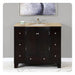 Dark wood bathroom vanity with beige marble top, centered sink, and six drawers, under abstract black and white artwork