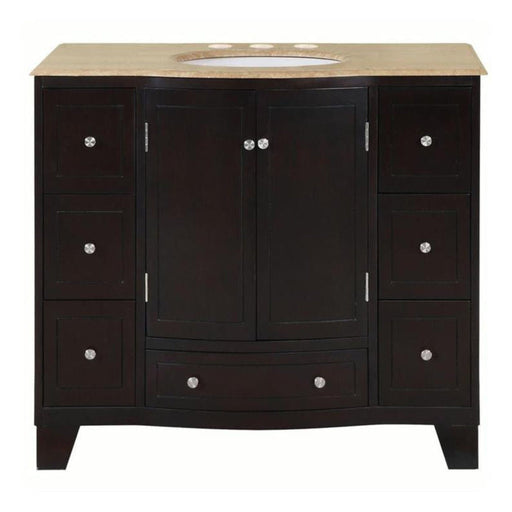 Dark wood bathroom vanity with beige marble top, six drawers, center cabinet, and undermount sink