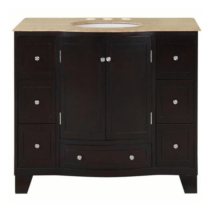 Dark wood bathroom vanity with beige marble top, six drawers, center cabinet, and undermount sink