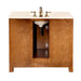 Wooden bathroom vanity with white marble top, bronze faucet, and open cabinet doors revealing interior storage space.