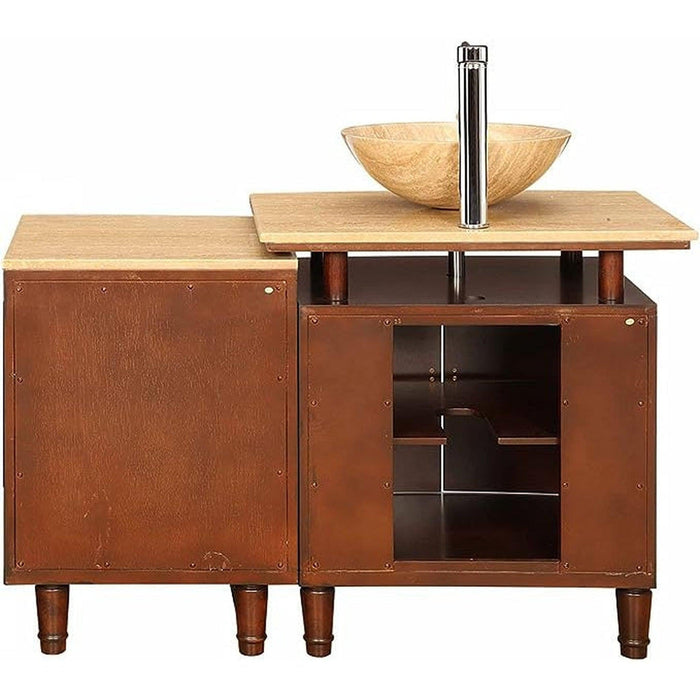 Rustic wooden bathroom vanity with stone vessel sink, chrome faucet, and storage cabinets on tapered legs.