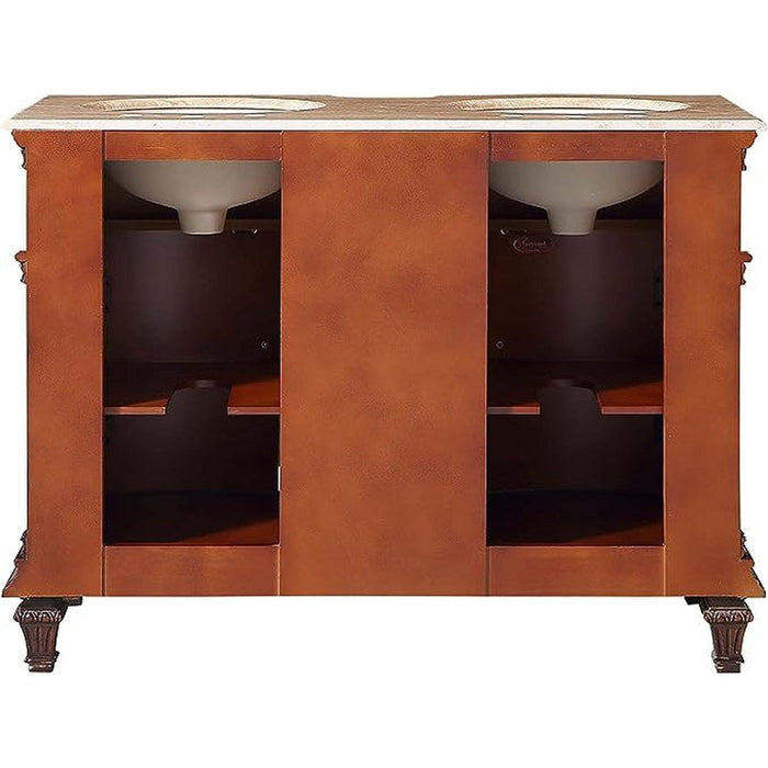 Reddish-brown bathroom vanity with two white sinks, decorative carved base, and open storage shelves.