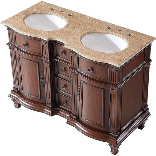 Rich mahogany bathroom vanity with curved details, ornate drawer pulls, and a travertine countertop with two white oval sinks.