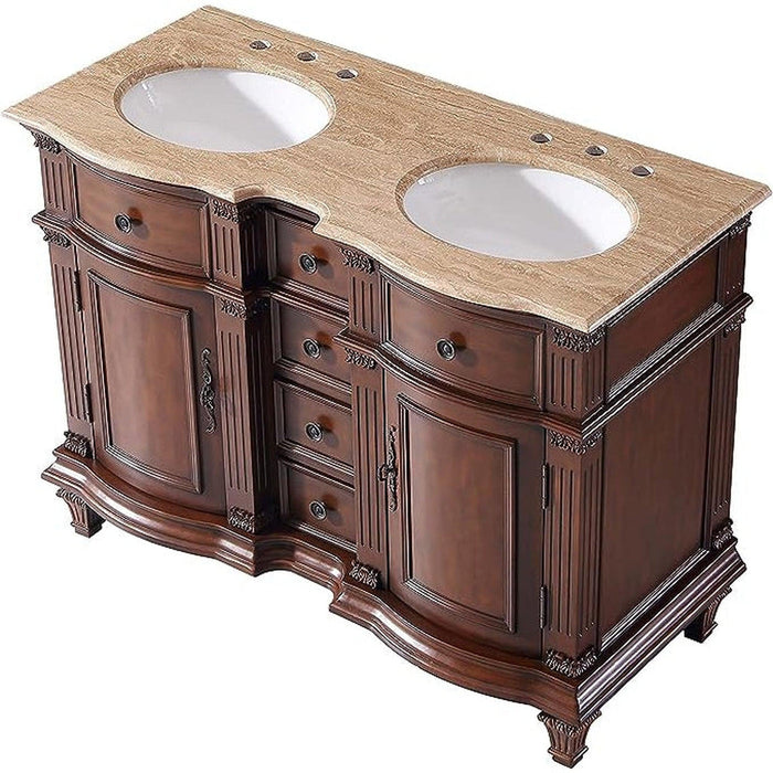 Rich mahogany bathroom vanity with curved details, ornate drawer pulls, and a travertine countertop with two white oval sinks.