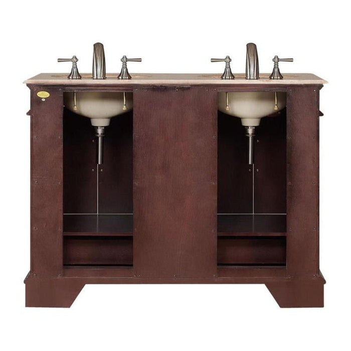 Double-basin wooden bathroom vanity in rich mahogany with marble countertop and silver faucets