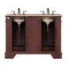 Double-basin wooden bathroom vanity in rich mahogany with marble countertop and silver faucets