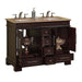 Dark wood bathroom vanity with double sinks, marble top, and decorative drawers open to reveal ornate ceramic lamps.