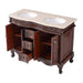 Antique-style wooden bathroom vanity with ornate carved details, two sinks, and three open drawers on cabriole legs.